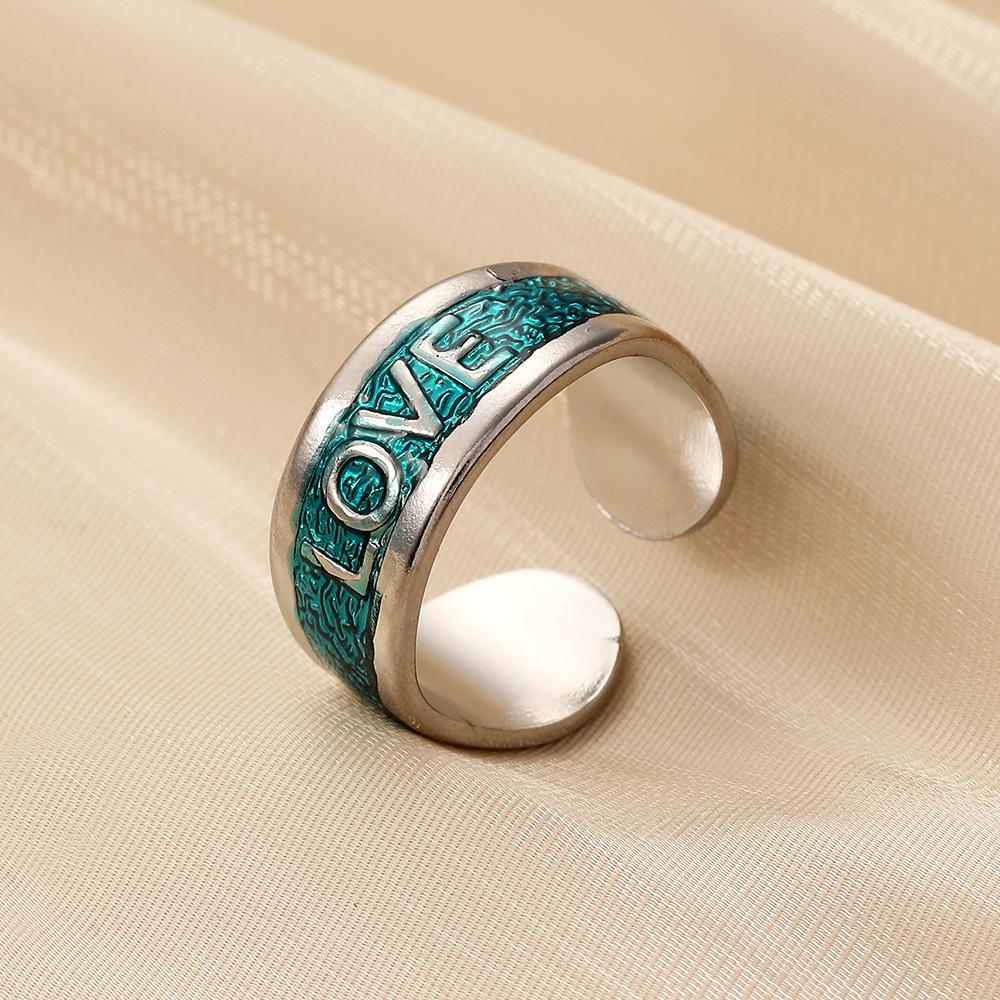 Personality fashion simple niche design ladies stainless steel opening LOVE blue green oil drop ring titanium steel ring