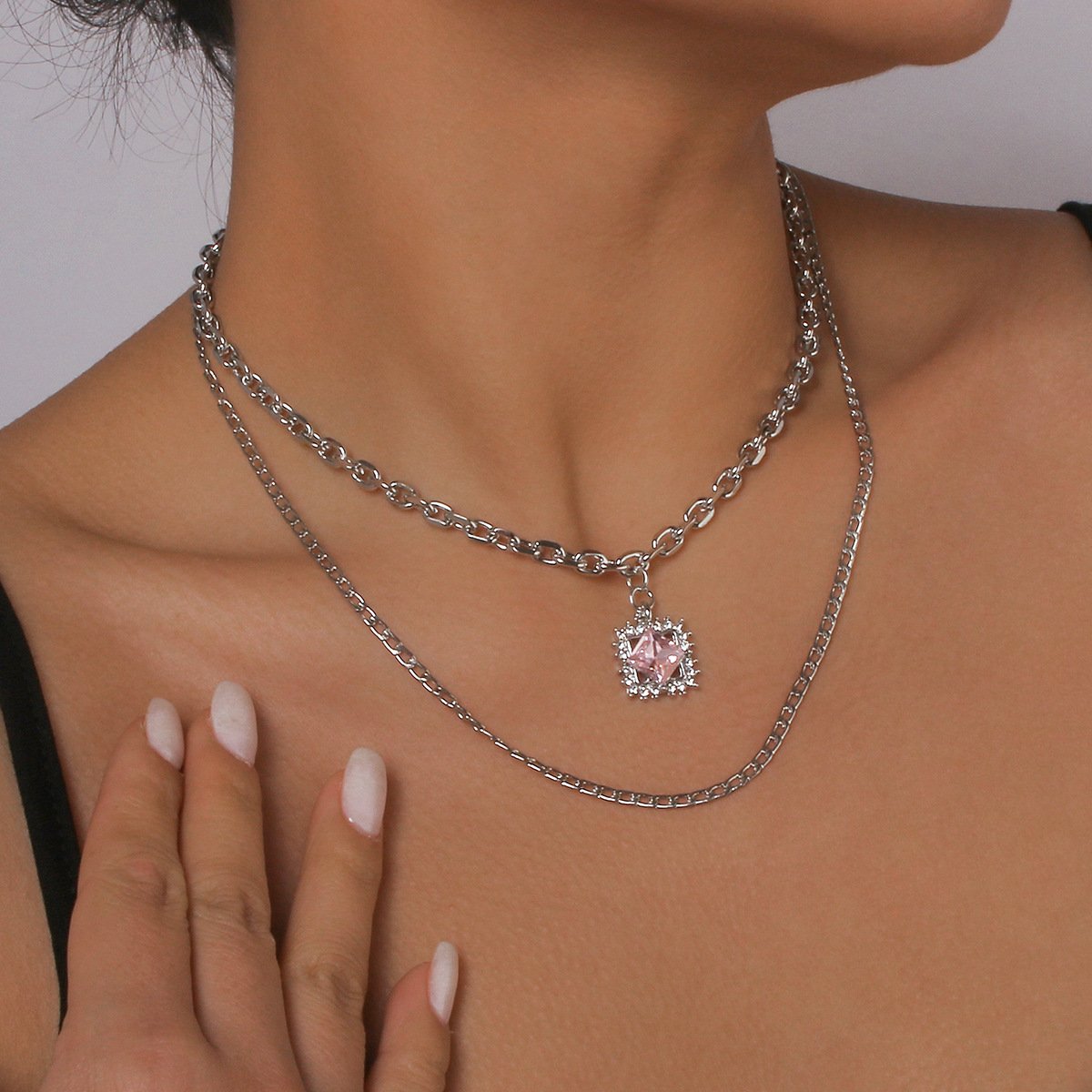 N129 Double Stacked Necklace Square Rhinestone Exaggerated Chain Necklace French Light Luxury Simple Necklace