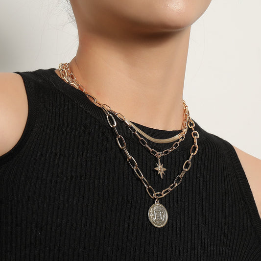 Jewelry Geometric Round Avatar Pendant Necklace Female Retro Astral Rhinestone Rhinestone Snake Bone Multilayer Necklace