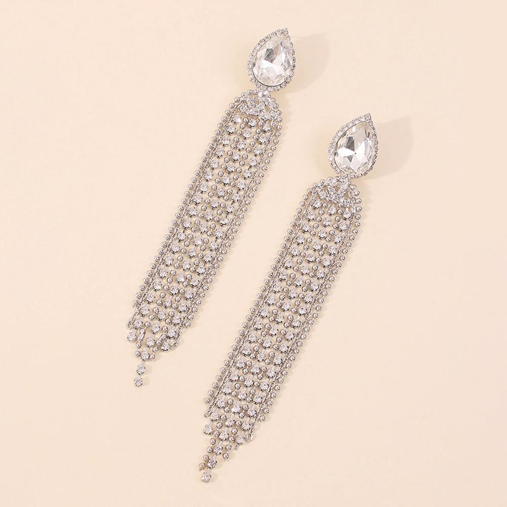 E9278 Jewelry Temperament Fashion Long Tassel Earrings Women's Light Luxury Inlaid Rhinestones Delicate Earrings