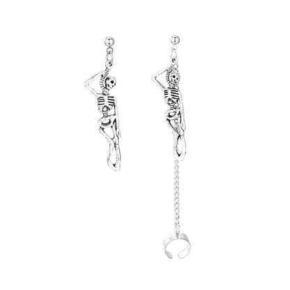 Old Metal Skull Earrings Trendy Punk Asymmetrical Chain Ear Clips Halloween Couple Ornaments