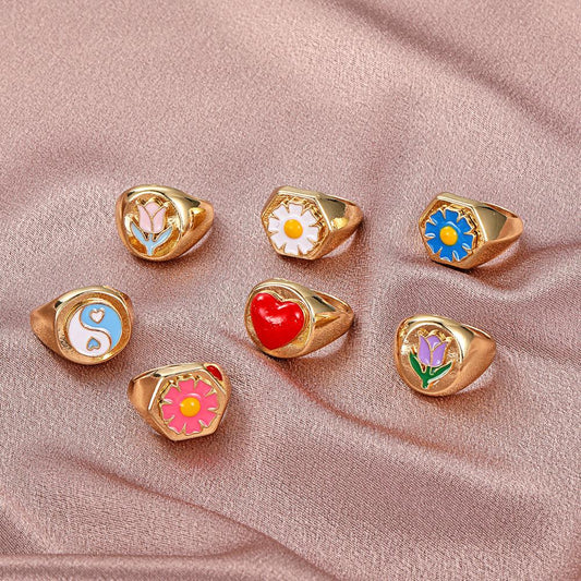 Ins creative geometric sweet flower ring retro multi-color love ring fashion index finger ring accessories female