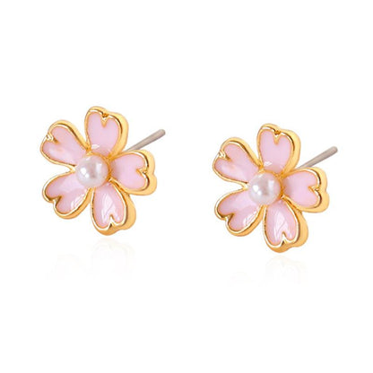 Small fresh dripping oil pink flower pearl earrings five-leaf flower earrings earrings ear clips