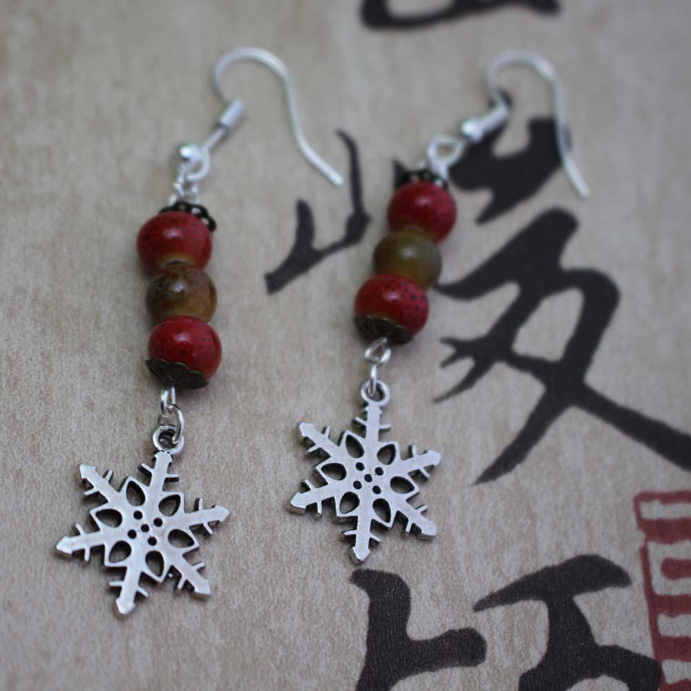 Colorful Spot Beads Alloy Snowflake Earrings Women's Earrings Simple Earrings Jewelry