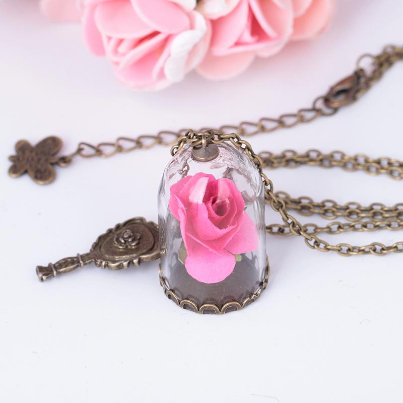 Fashion Rose Flower Glass Shade Pendant Summer Beach Preserved Flower Necklace Ornaments