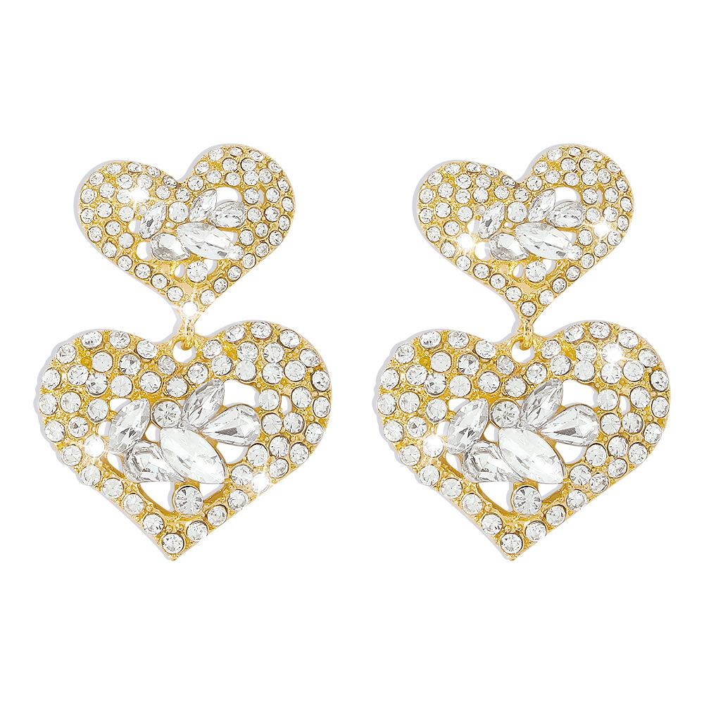 E1286 Exaggerated Earrings Women's Double Love Diamond Light Luxury Earrings Fashion Hong Kong Retro Personality Earrings
