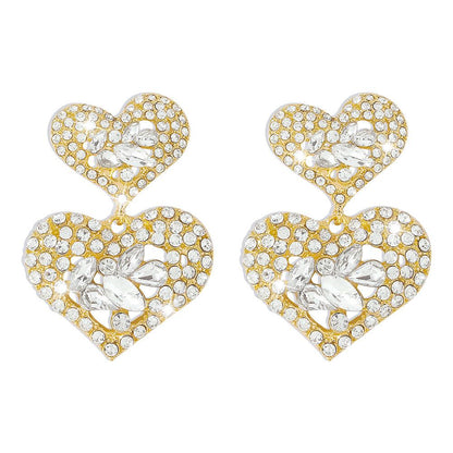 E1286 Exaggerated Earrings Women's Double Love Diamond Light Luxury Earrings Fashion Hong Kong Retro Personality Earrings