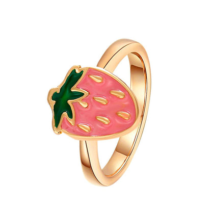 Retro Childlike Red Strawberry Ring Female Fashion Creative Geometric Metal Drip Oil Red Mushroom Index Finger Ring