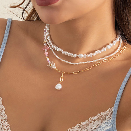 Imitation Pearl Woven Retro Versatile Flower Clavicle Chain Minor Stitching Chain Acrylic Heart Necklace