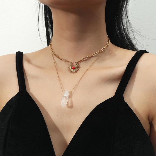Ruby Sun Raw Stone Stainless Steel Necklace Stone Double Layer Titanium Steel Clavicle Chain Jewelry Women