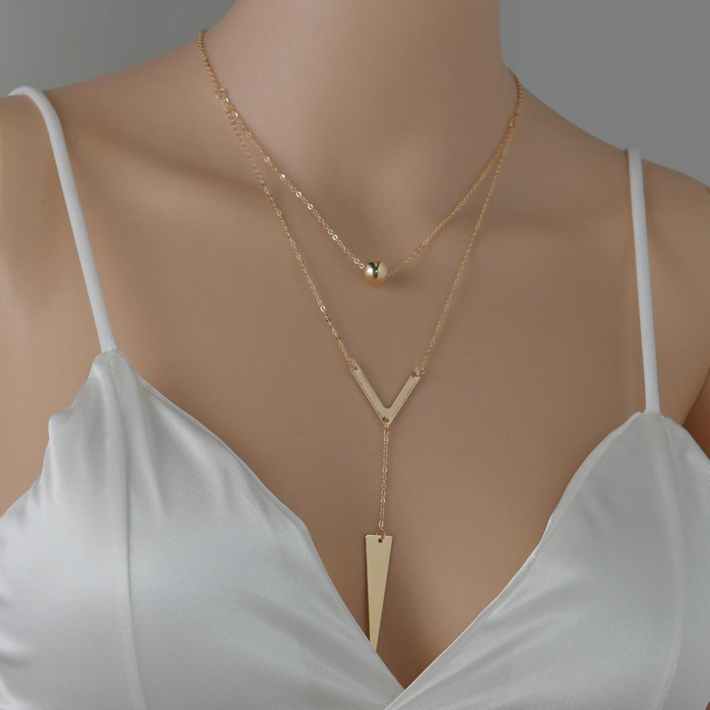 Jewelry Fashion Sexy Small V Letter Tassel Iron Triangle Necklace Double Layer Necklace