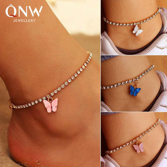 Creative shiny rhinestone anklet ins simple butterfly pendant foot decoration female trendy beach foot decoration