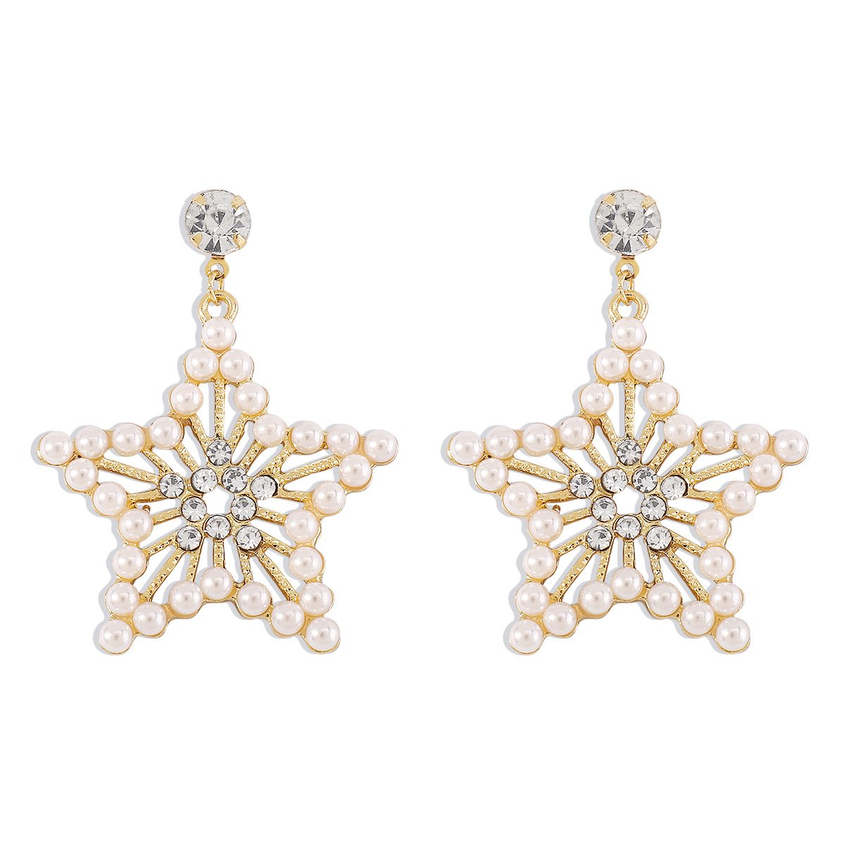 162 French light luxury romantic five-pointed star earrings pearl rhinestone hollow earrings net red geometric popular earrings