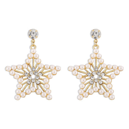 162 French light luxury romantic five-pointed star earrings pearl rhinestone hollow earrings net red geometric popular earrings