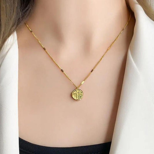 Fu word hi word double-sided blessing brand titanium steel necklace female gold color clavicle chain version ins jewelry