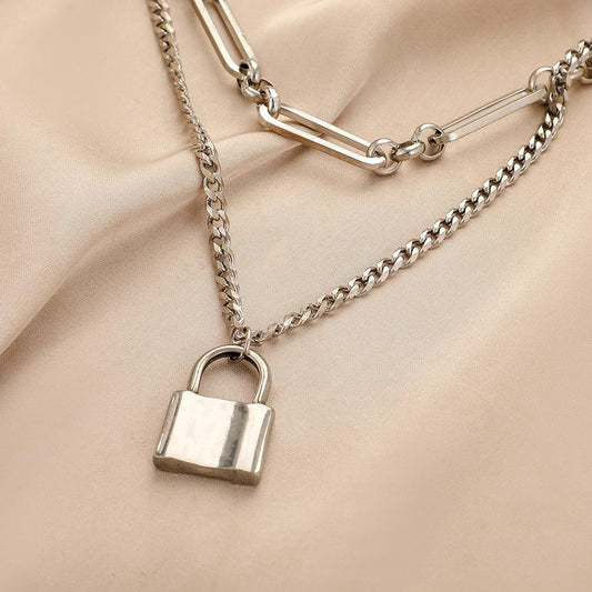 Fashion geometric chain design sense hip-hop double layer necklace punk retro lock men and women items