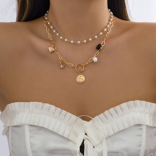 Jewelry hip-hop stacked double-layer imitation pearl necklace niche simple sequin love star necklace