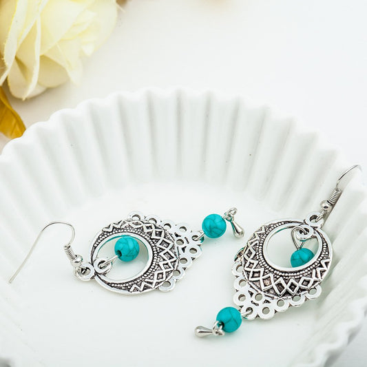 Fashion Retro Ethnic Hollow Out Turquoise Drop Earrings Bohemian Tassel Stud Earrings Jewelry