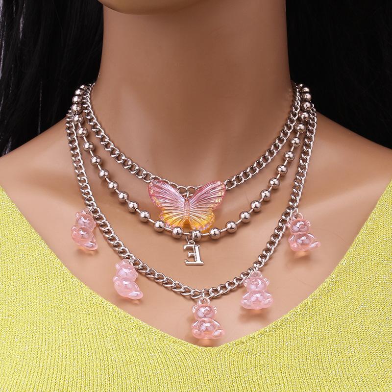 Jewelry simple multi-layer ball chain necklace female retro bear butterfly pendant necklace set