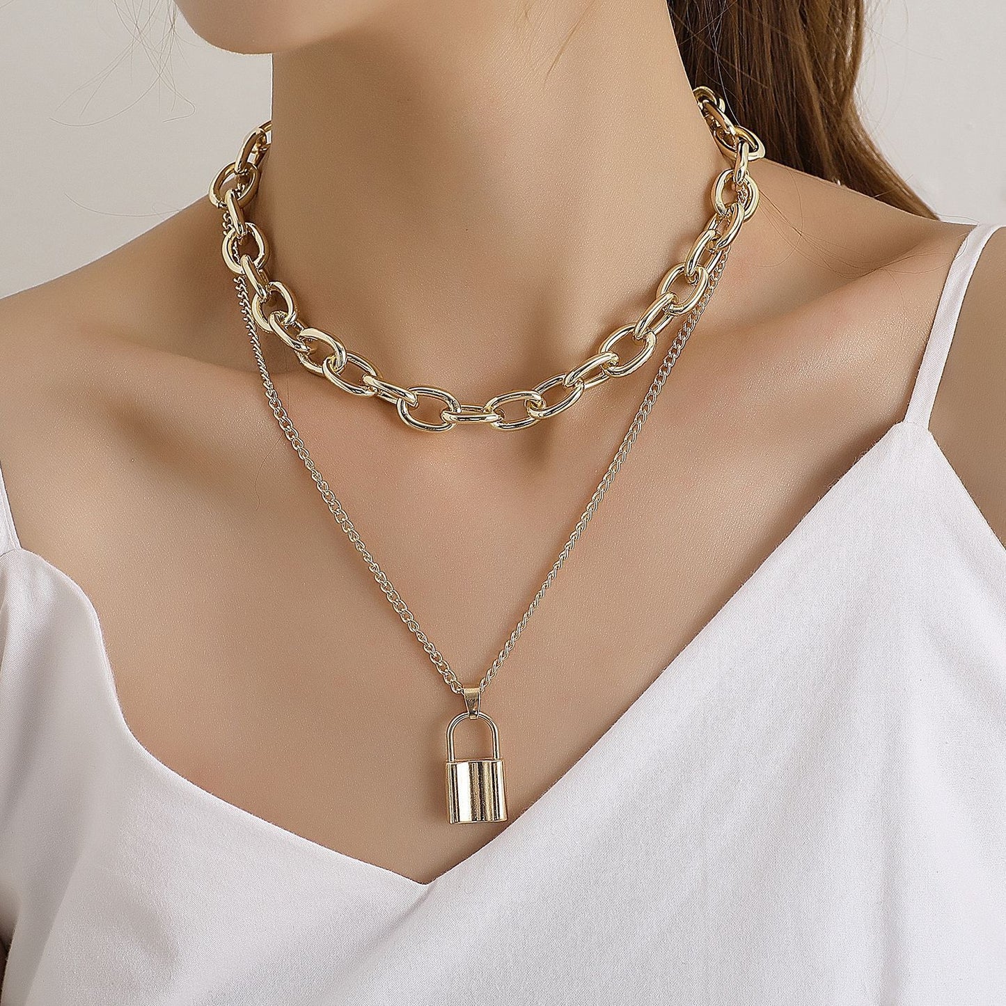 Jewelry Punk Aluminum Alloy Thick Chain Lock Pendant Necklace Ladies Street Retro Double Layer Necklace