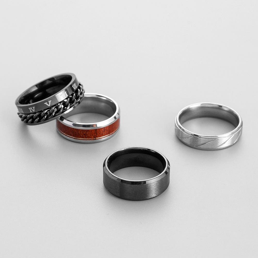 Simple Men's Stainless Steel Wood Grain Chain Roman Numeral Set Ring Can Be Used as a Bottle Opener Fashion Personality