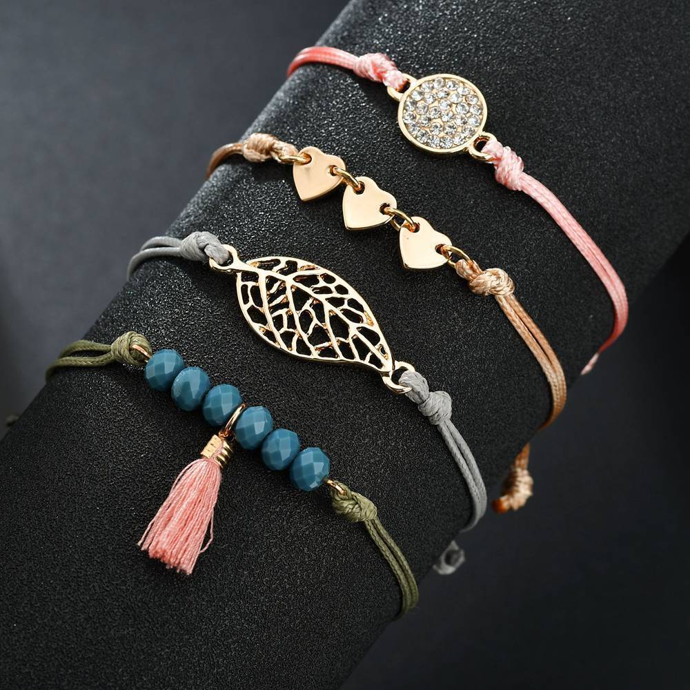 Accessories Peach Heart Leaf Tassel Bracelet Trendy Beaded Wax Thread Braided Bracelet Set