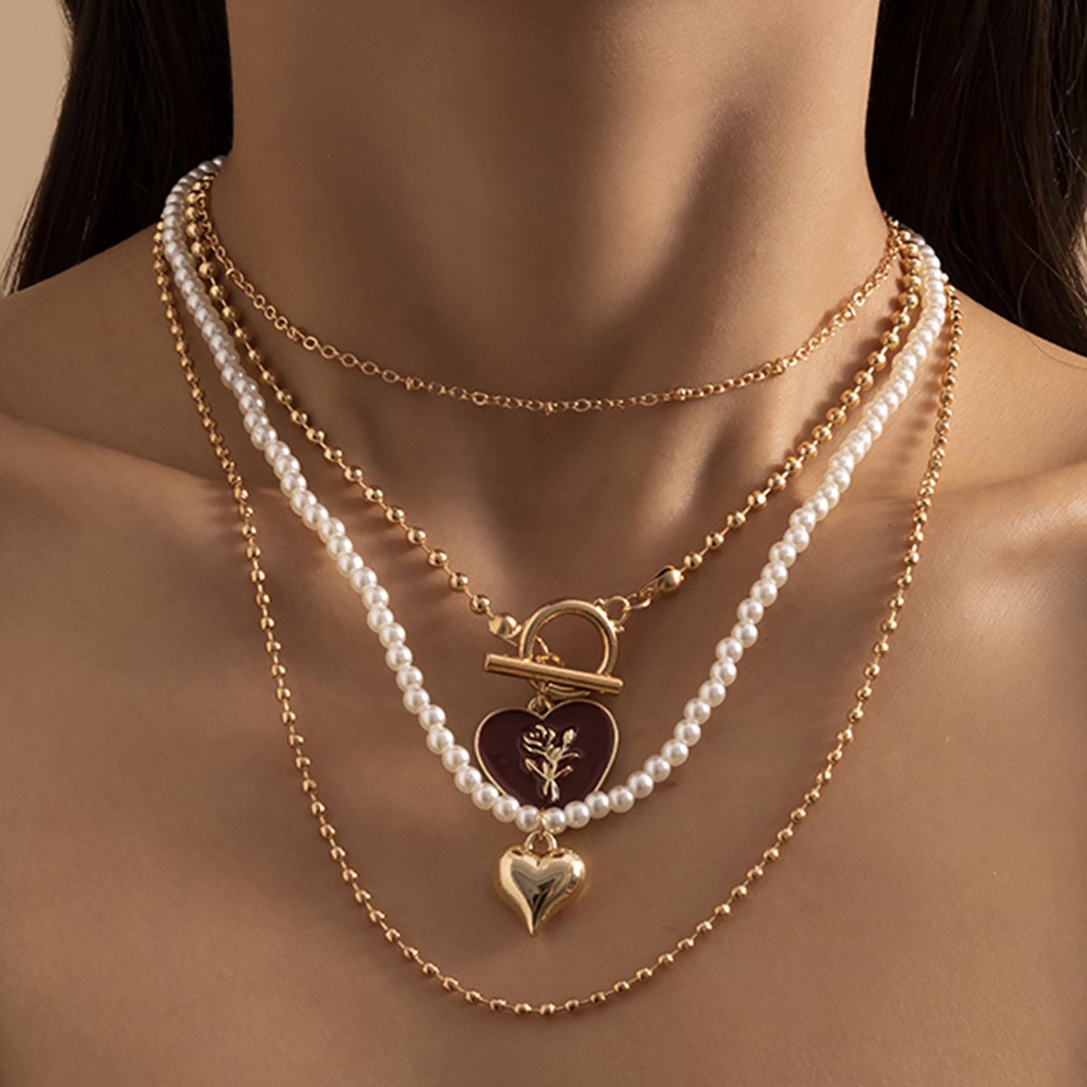 Hip-hop retro personality rose drop nectarine heart necklace female simple imitation pearl heart-shaped necklace