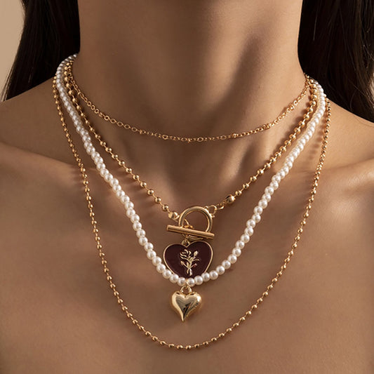 Hip-hop retro personality rose drop nectarine heart necklace female simple imitation pearl heart-shaped necklace