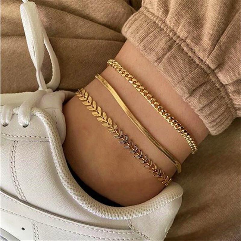 Titanium steel non-fading anklet set women's fashion anklet three-piece set flat snake wheat ear chain combination anklet