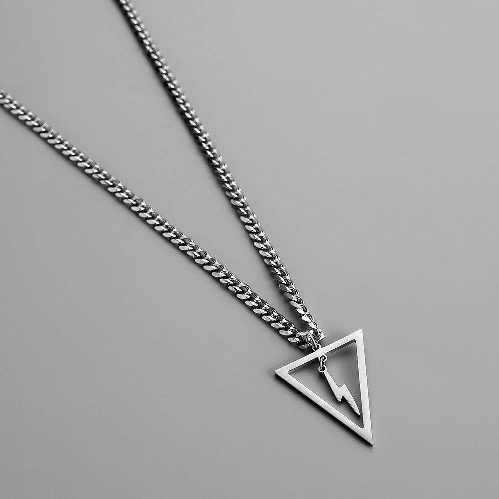 Men's Simple Domineering Fashion Trend Stainless Steel Geometric Triangle Lightning Pendant Titanium Steel Necklace