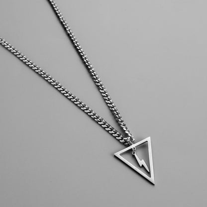 Men's Simple Domineering Fashion Trend Stainless Steel Geometric Triangle Lightning Pendant Titanium Steel Necklace