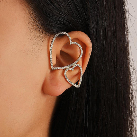 Love personality ear clip without ear piercing female ins simple hollow full diamond heart ear hanging one-piece ear bone clip