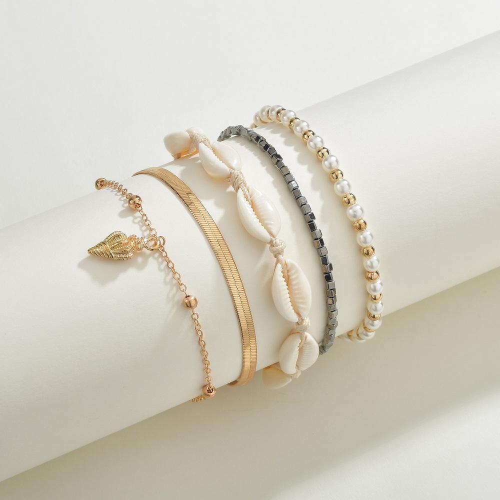 Popular Jewelry Simple Personality Marine Pearl Conch Shell Woven 5-Piece Anklet