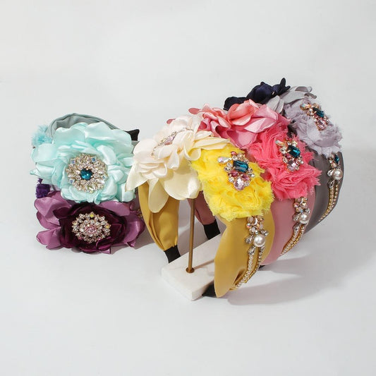 F3297 Personality trend gorgeous flower headband fabric pearl banquet travel retro fashion headband female