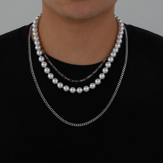 Personalized fashion multi-layer stainless steel pearl necklace titanium steel three-layer trendy hip-hop high street men's collarbone chain