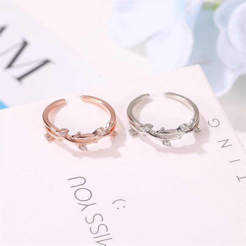 Small fresh ring literary fan with diamond branch opening single ring creative cross rattan adjustable ring