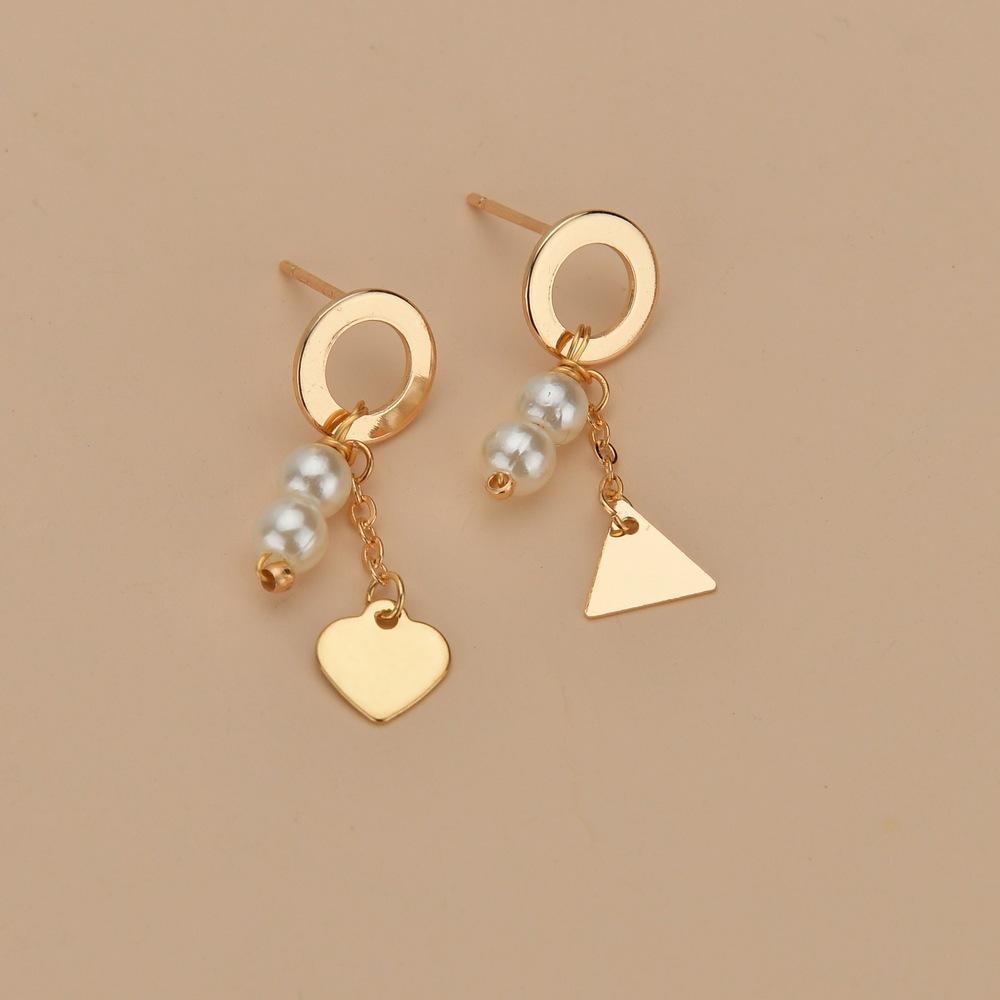 Small Fresh Imitation Pearl Earrings Fashion Iron Triangular Peach Heart Asymmetrical Stud Earrings Accessories