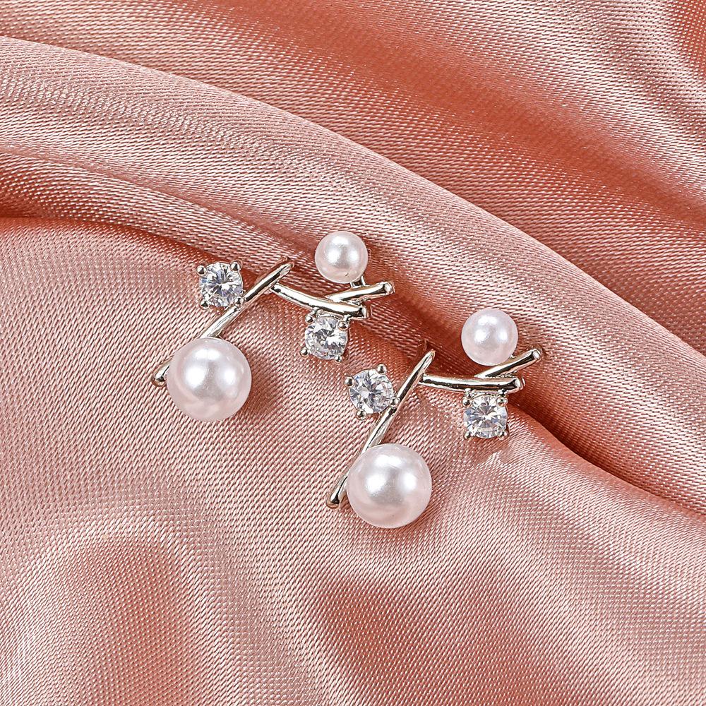 Simple geometric pearl earrings ins net red cold zircon branch earrings temperament creative earrings female