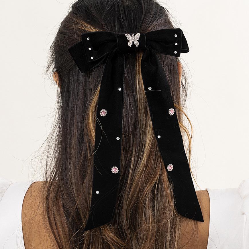 Big bowknot velvet all-match spring clip simple top clip sweet imitation pearl ribbon back head hair clip hair accessories