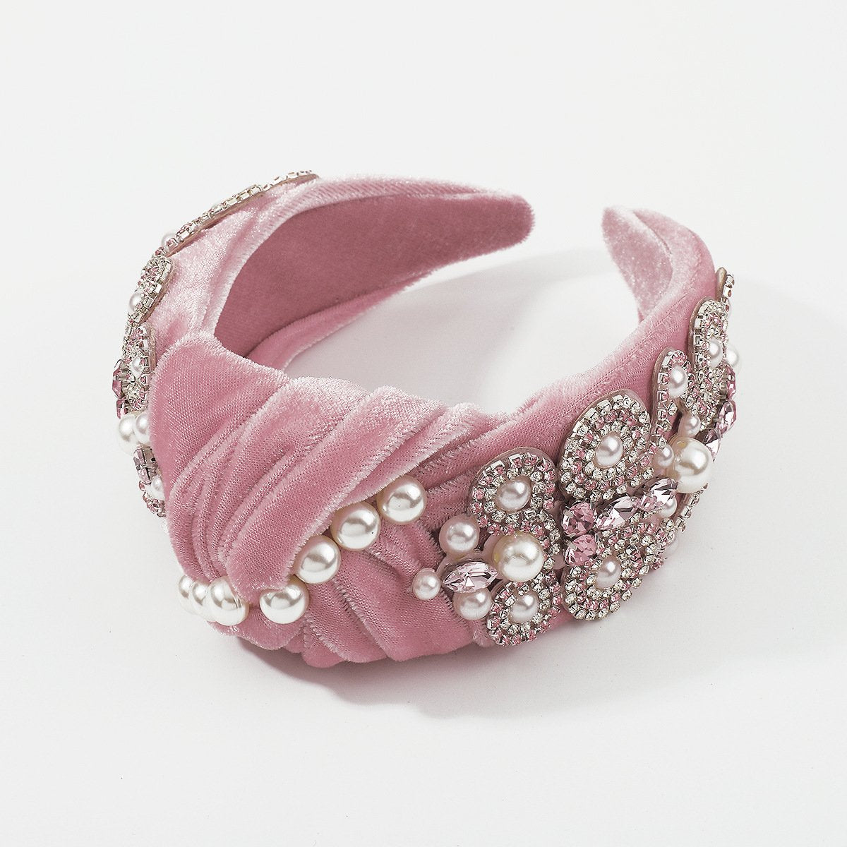 F4644 Sweet retro pearl headband women's velvet claw chain colorful diamond shining knotted wide-brimmed solid color headband