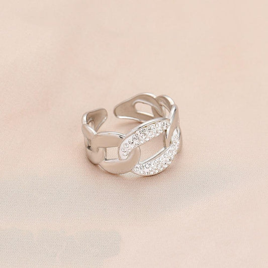 Niche design titanium steel ring micro-studded with diamonds braided open ring vacuum-plated 18K gold jewelry