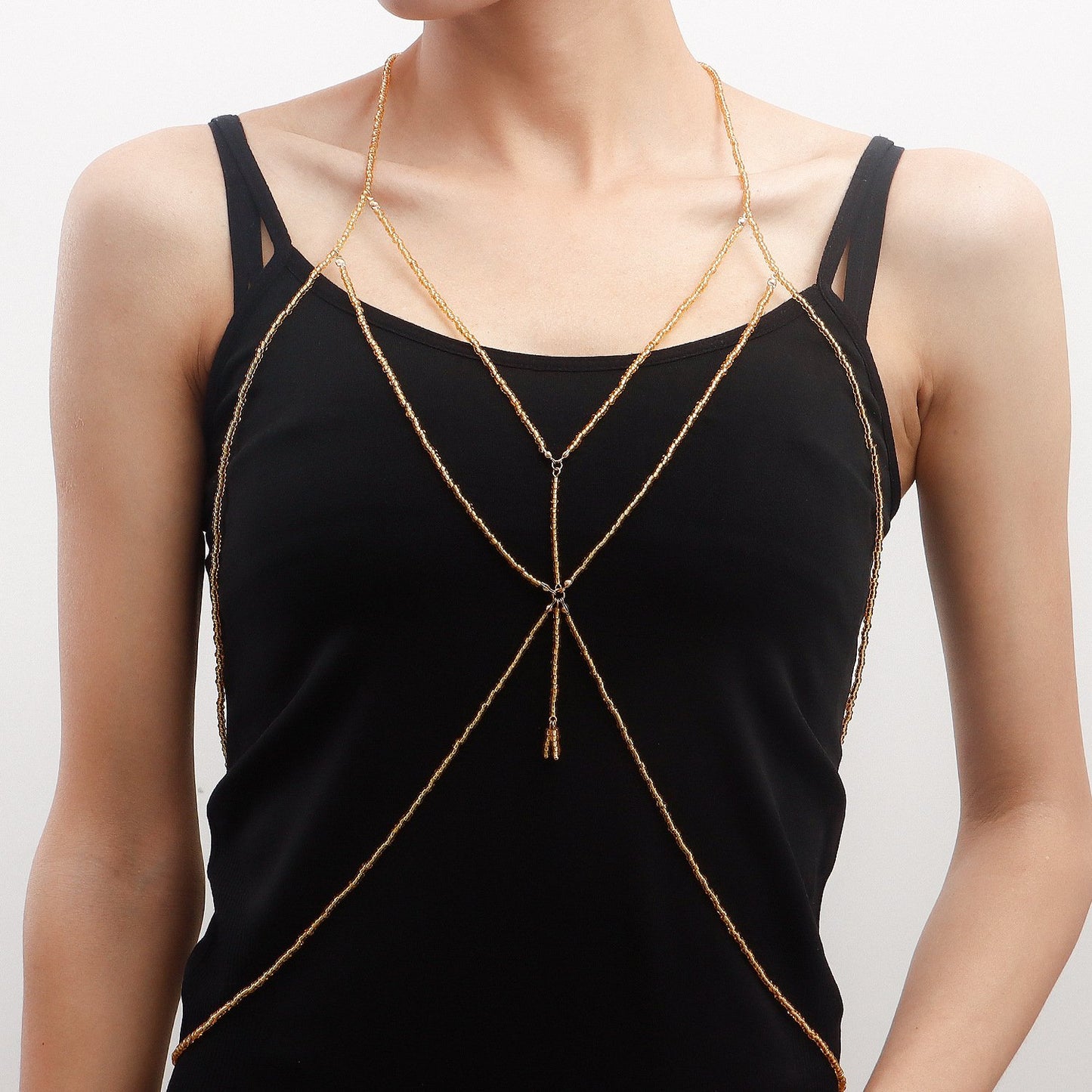 Ins hot girl transparent yellow rice beads body chain chest jewelry summer rice beads waist chain female