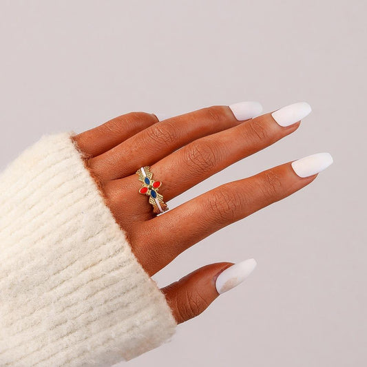 Retro Dazzling Color Ladies Stainless Steel Opening Adjustable Four Leaf Flower Oil Drop Ring