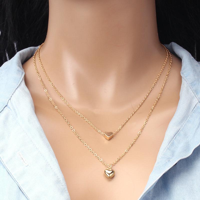 Simple three-dimensional small love necklace double-layer peach heart mirror heart-shaped clavicle chain ins all-match accessories