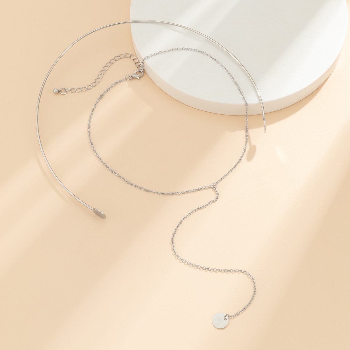 Jewelry Frosty Choker Thin Chain Necklace Simple Stacked Metal Double Disc Tassel Necklace