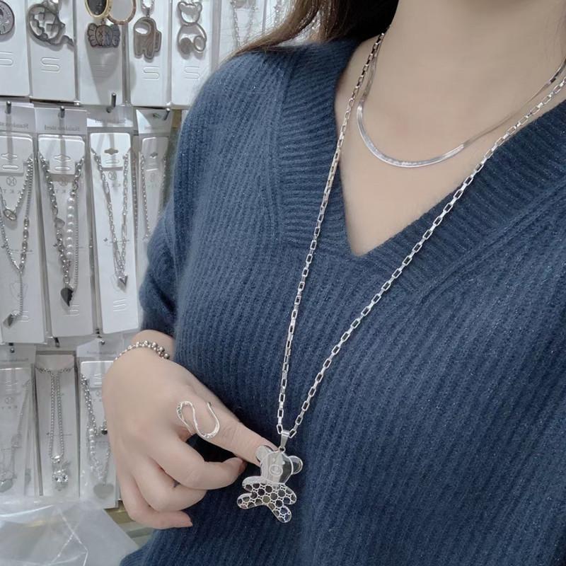 Explosive INS niche design titanium steel sweater chain personality simple and versatile bear print necklace