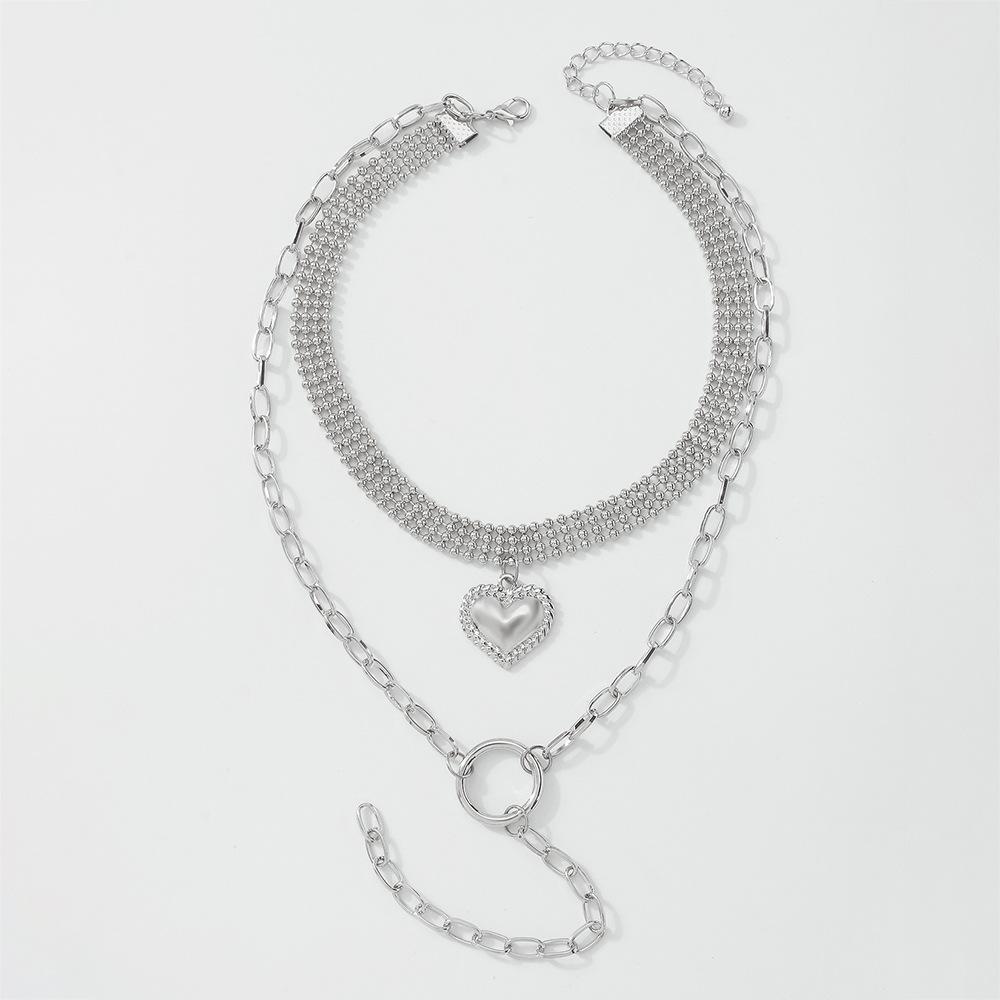 N9311 Exaggerated Personality Street Shot Back Chain Trendy Cool Ring Heart Necklace Geometric Alloy Double Layer Necklace Female