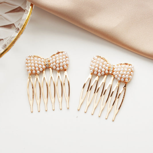 Hair Jewelry Rhinestone Pearl Bow Hair Comb Sweet Small Multi-tooth Flowing Sea Comb Inserting Comb