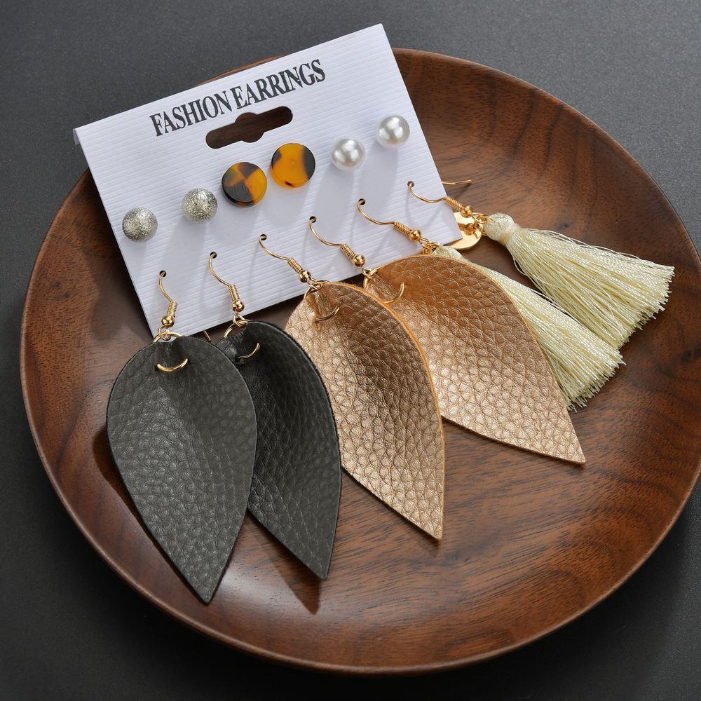 Earrings Boho Tassel Drop Earrings Vintage Leather Acetate Stud Set of Six