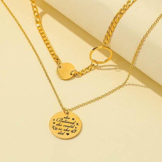 Trendy Sexy Stainless Steel Circle Coin Alphabet Pendant Double Necklace Elegant Titanium Steel Clavicle Chain